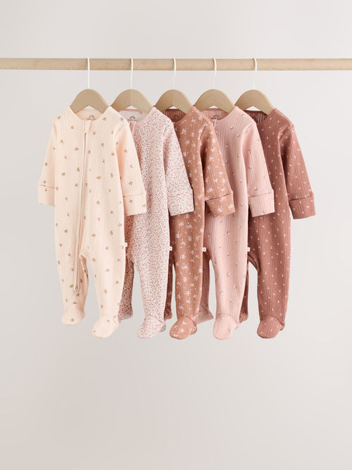 Brown Ditsy Floral 5 Pack Two Way Zip Baby Sleepsuit (0-2yrs) image 1