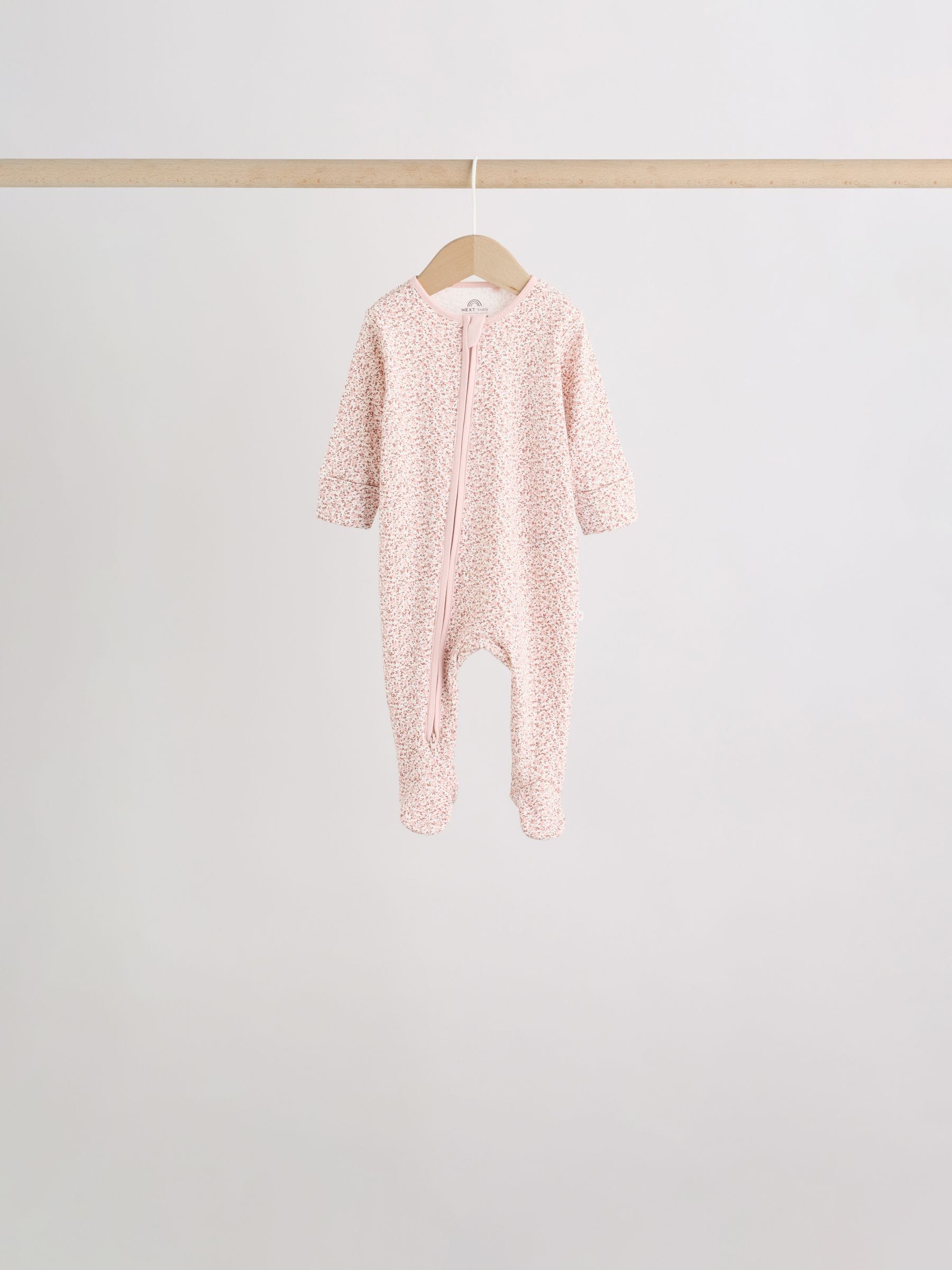 Brown Ditsy Floral 5 Pack Two Way Zip Baby Sleepsuit (0-2yrs) image 7