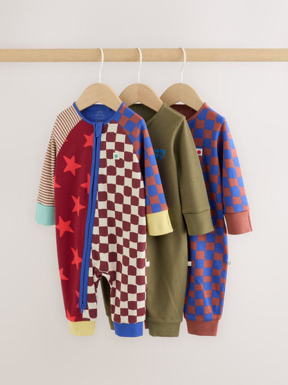 Multi Checkerboard Two Way Zip Baby Sleepsuits 3 Pack (0mths-3yrs) image 1