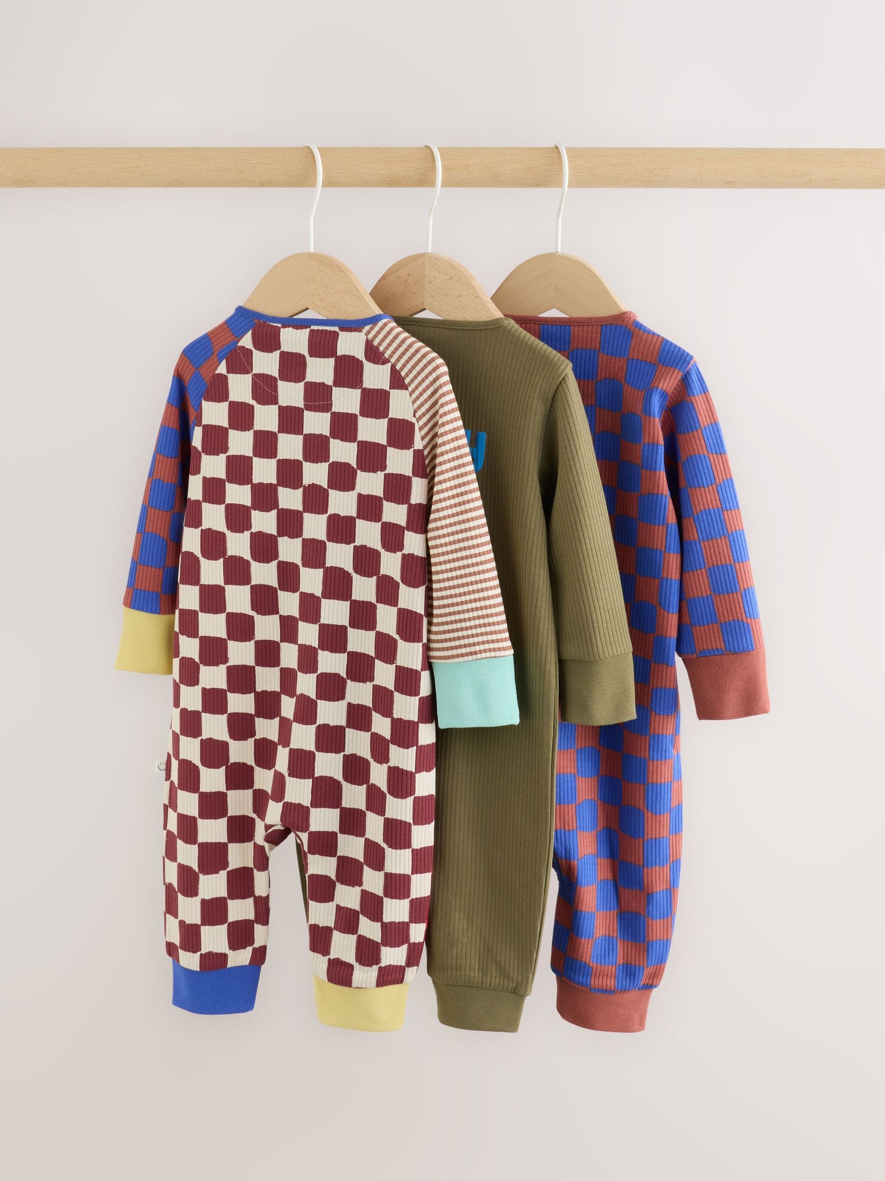 Multi Checkerboard Two Way Zip Baby Sleepsuits 3 Pack (0mths-3yrs) image 7