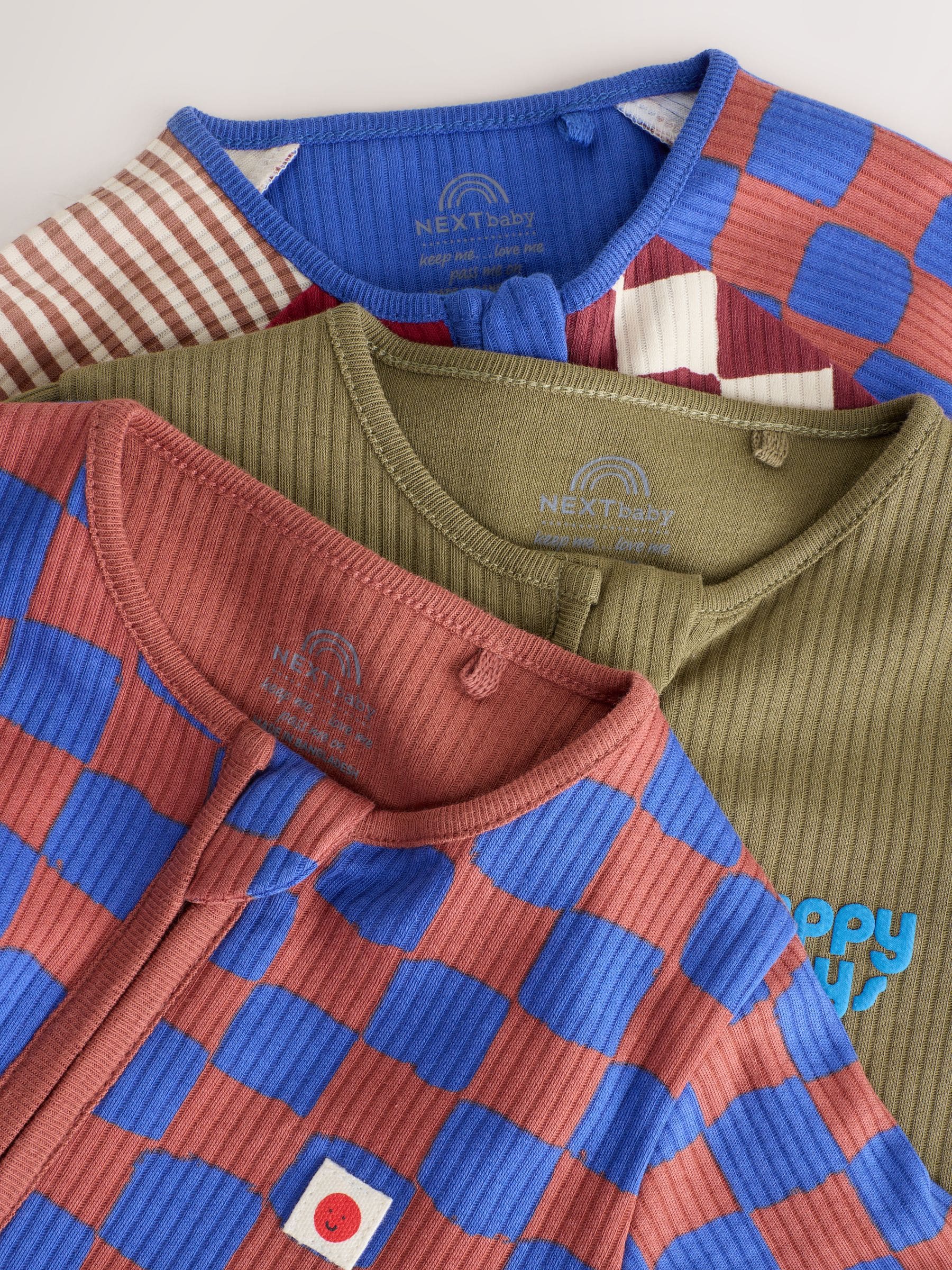 Multi Checkerboard Two Way Zip Baby Sleepsuits 3 Pack (0mths-3yrs) image 9