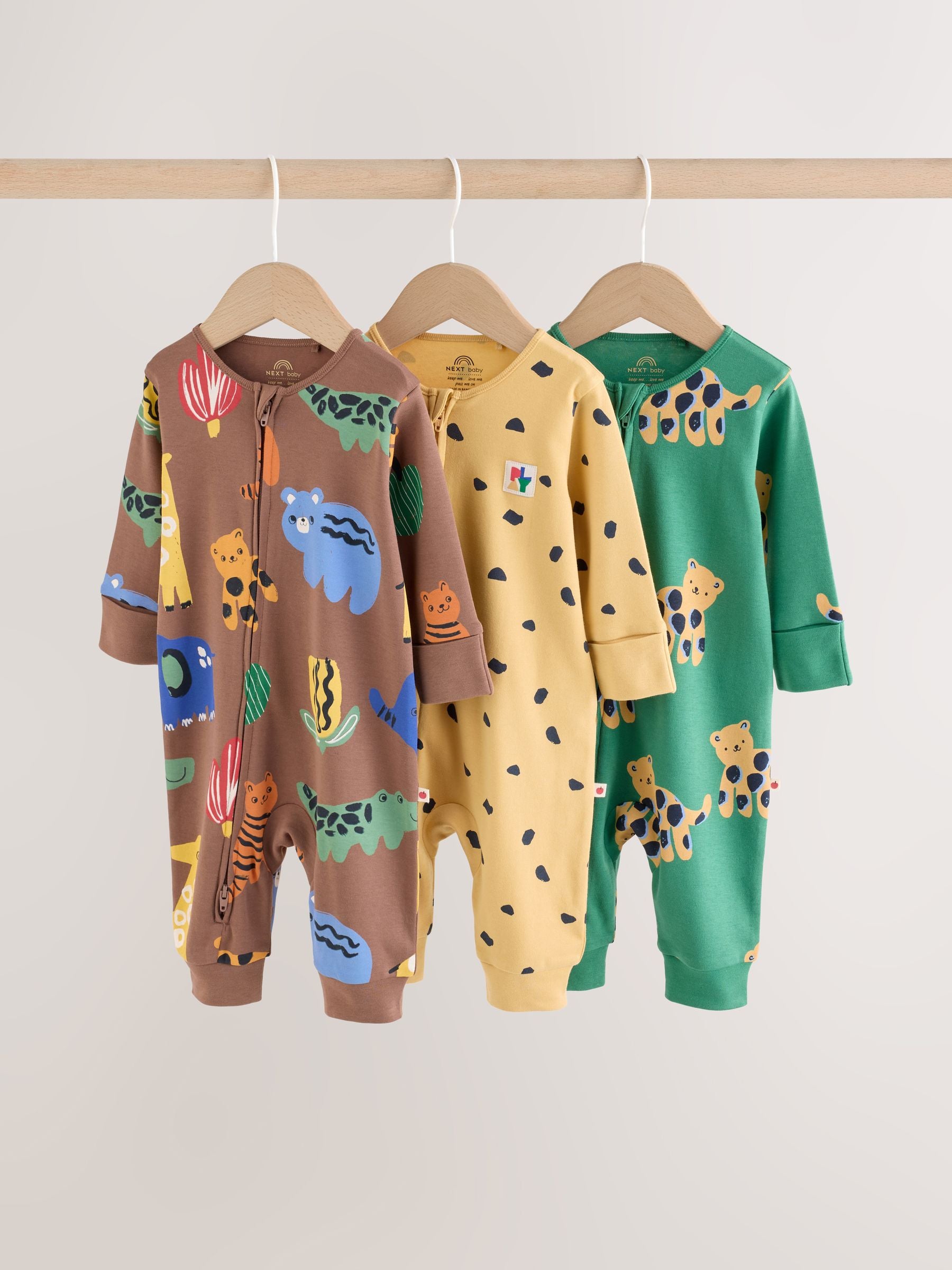 Green/Yellow Safari Two Way Zip Baby Sleepsuits 3 Pack (0mths-3yrs) image 1