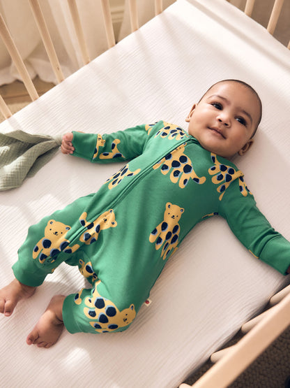 Green/Yellow Safari Two Way Zip Baby Sleepsuits 3 Pack (0mths-3yrs) image 2