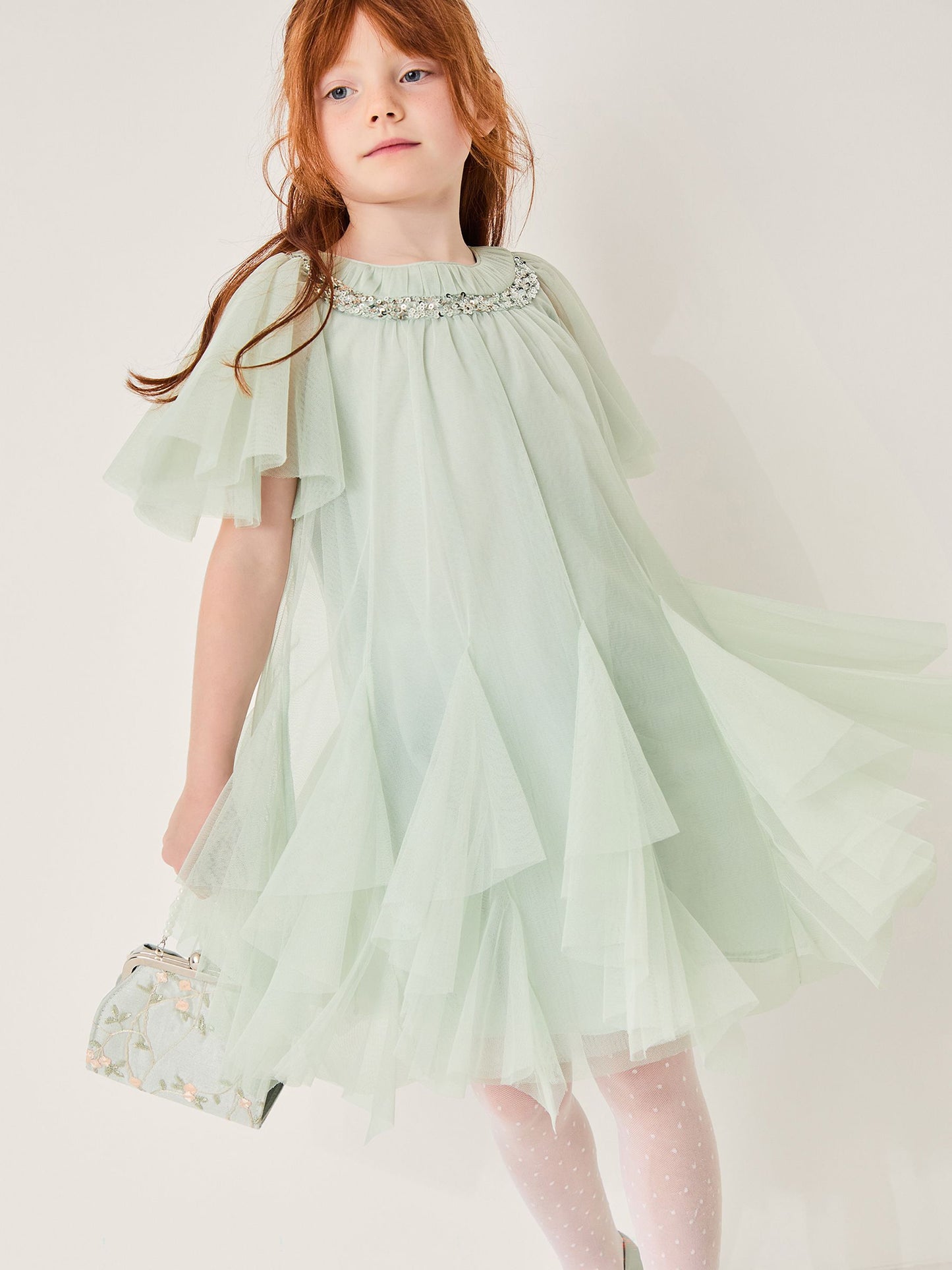 Monsoon Sage Green Nessa Sparkle Collar Waterfall Dress image 1