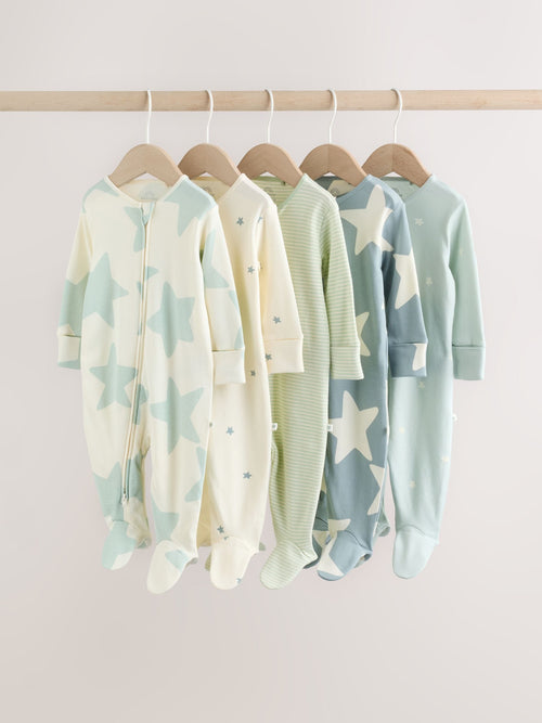 Green Star Two Way Zip Baby Sleepsuits 5 Pack (0-2yrs) image 1