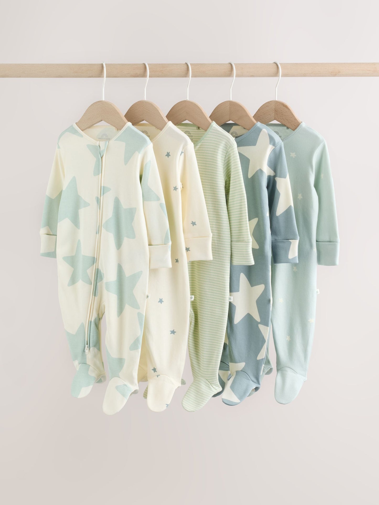 Green Star Two Way Zip Baby Sleepsuits 5 Pack (0-2yrs) image 1