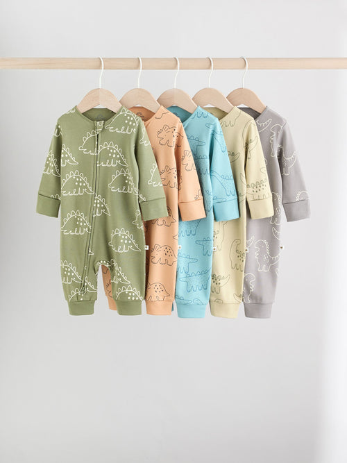 Multi Dino Two Way Zip Baby Sleepsuits 5 Pack (0mths-3yrs) image 1