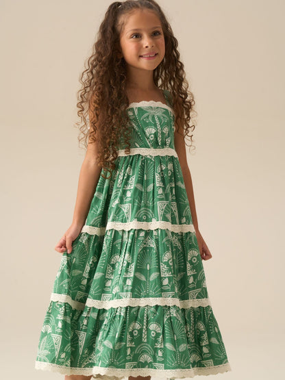 Angel & Rocket Green Kinsley Palm Print Lace Trim Tiered Dress image 1