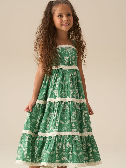 Angel & Rocket Green Kinsley Palm Print Lace Trim Tiered Dress image 1