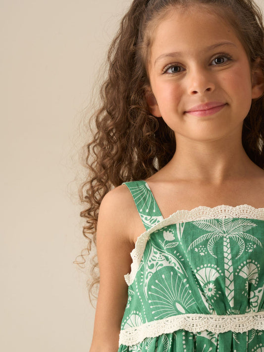 Angel & Rocket Green Kinsley Palm Print Lace Trim Tiered Dress image 2