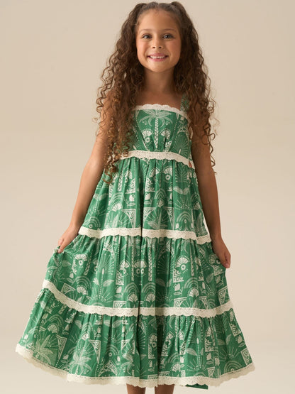 Angel & Rocket Green Kinsley Palm Print Lace Trim Tiered Dress image 3