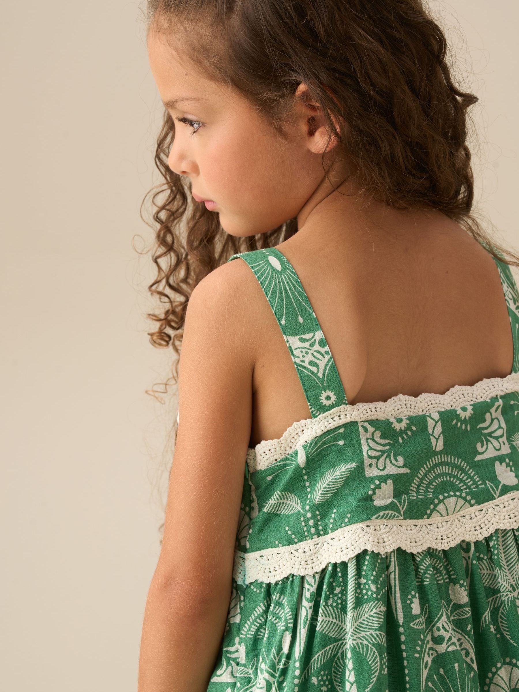 Angel & Rocket Green Kinsley Palm Print Lace Trim Tiered Dress image 4