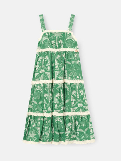 Angel & Rocket Green Kinsley Palm Print Lace Trim Tiered Dress image 5