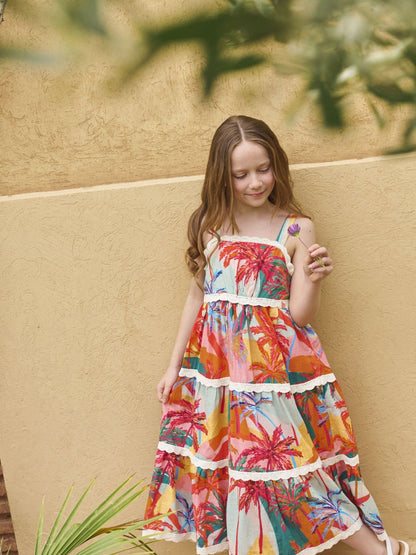 Angel & Rocket Pink Kinsley Palm Print Lace Trim Tiered Dress image 1