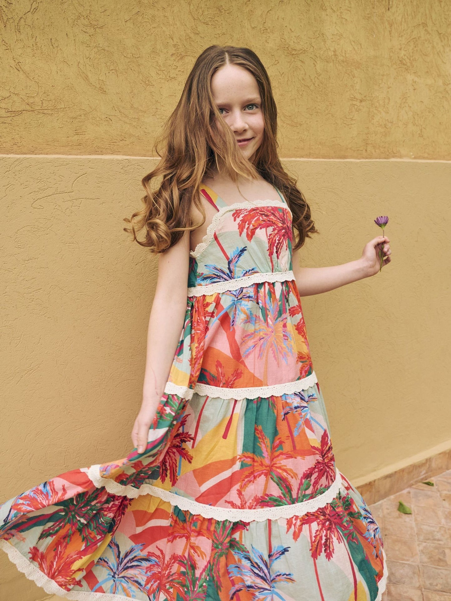 Angel & Rocket Pink Kinsley Palm Print Lace Trim Tiered Dress image 3