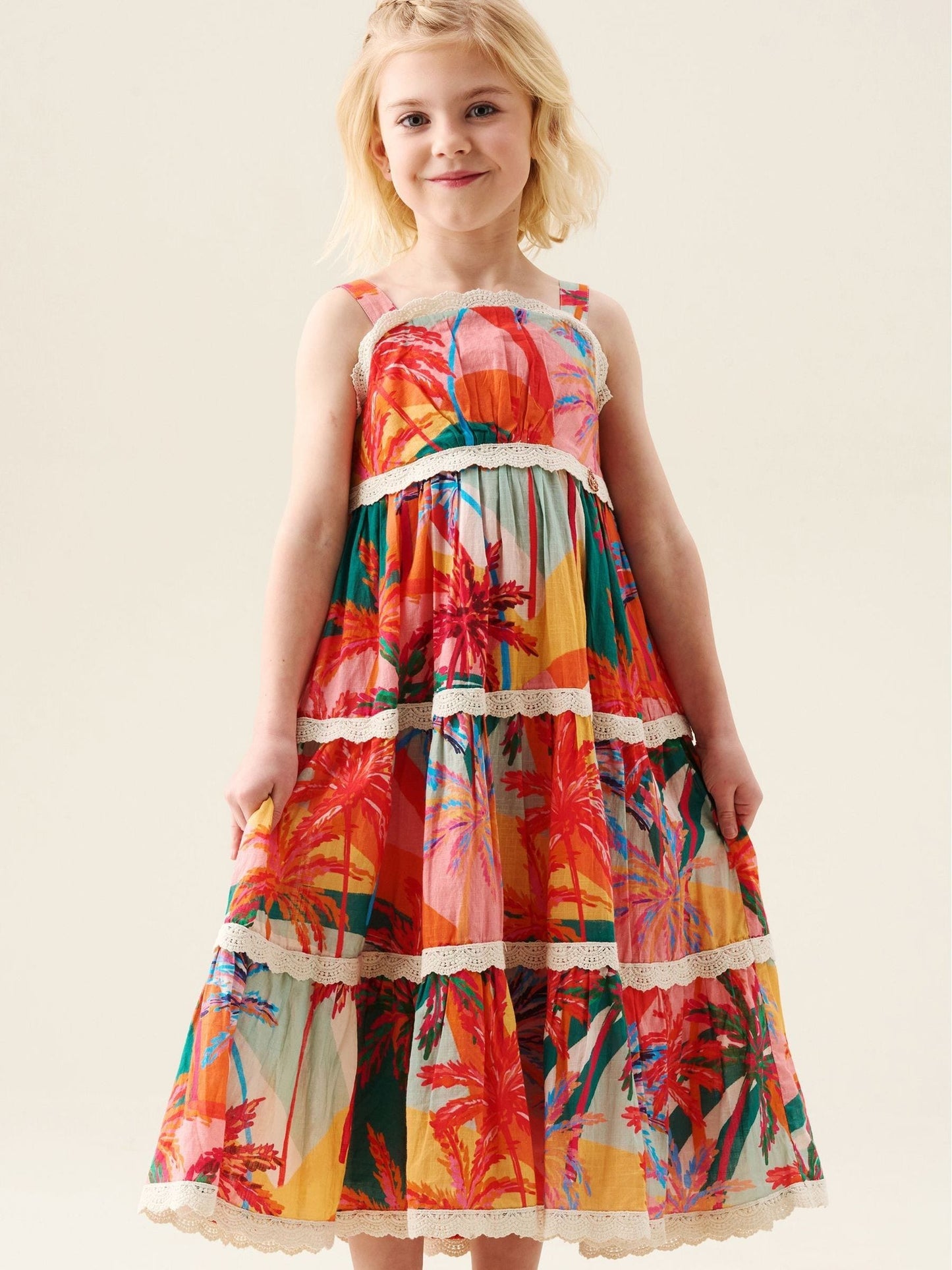 Angel & Rocket Pink Kinsley Palm Print Lace Trim Tiered Dress image 4