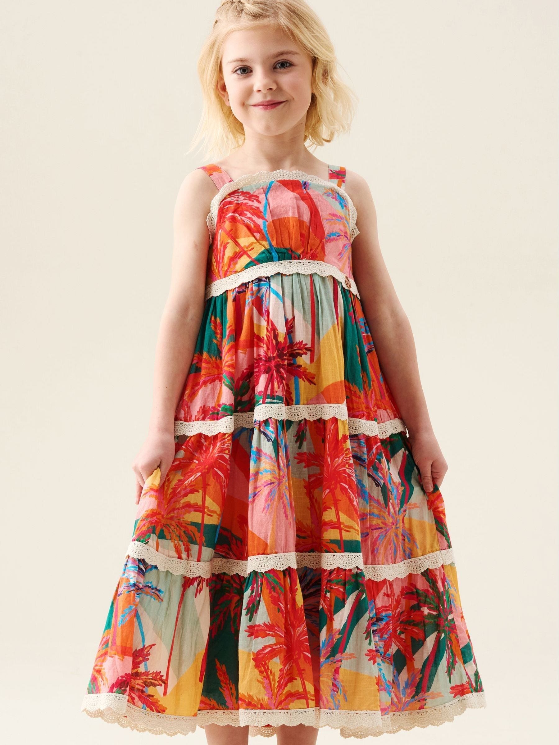 Angel & Rocket Pink Kinsley Palm Print Lace Trim Tiered Dress image 4
