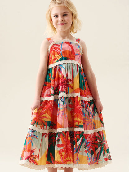 Angel & Rocket Pink Kinsley Palm Print Lace Trim Tiered Dress image 4