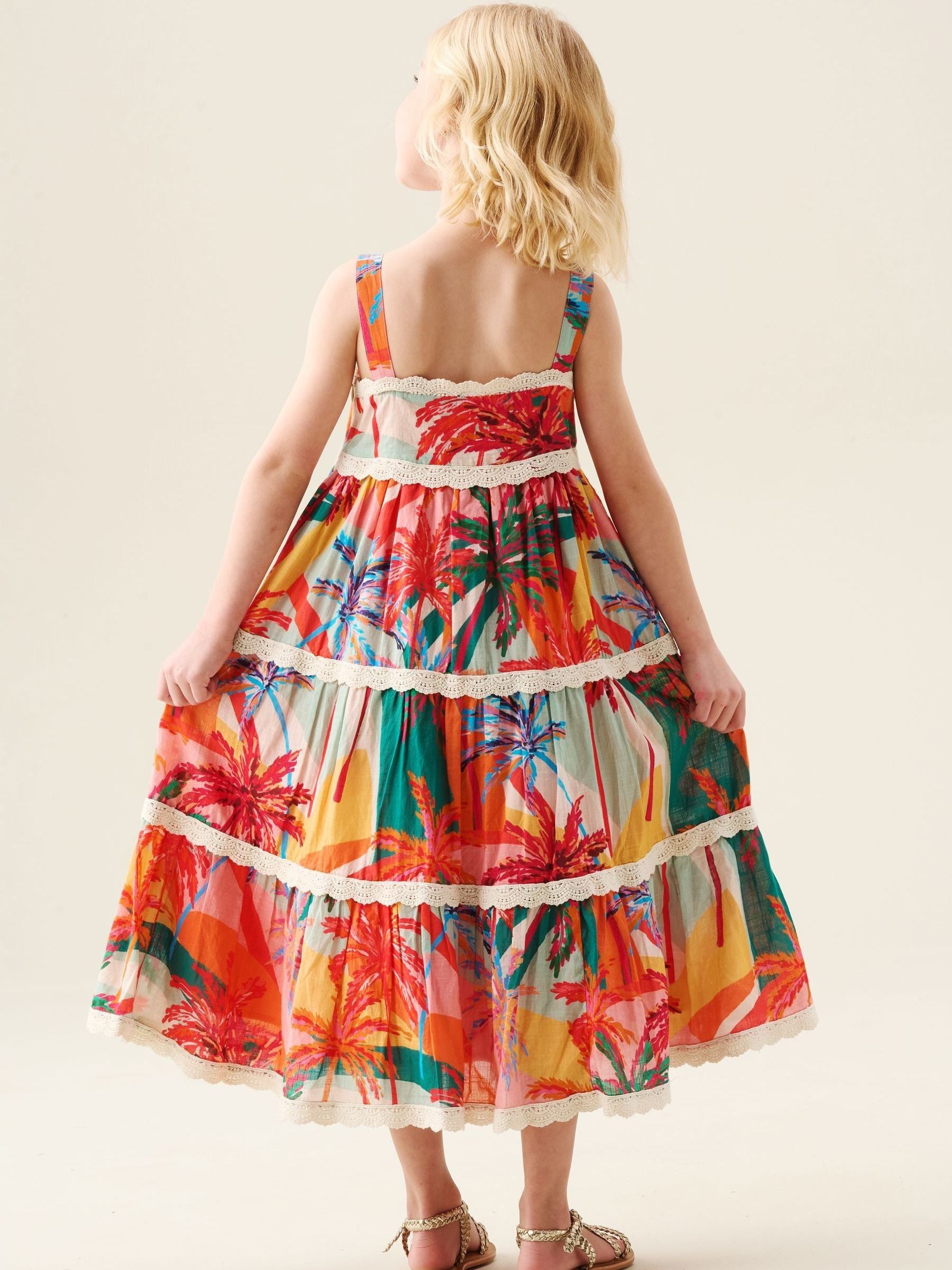 Angel & Rocket Pink Kinsley Palm Print Lace Trim Tiered Dress image 5
