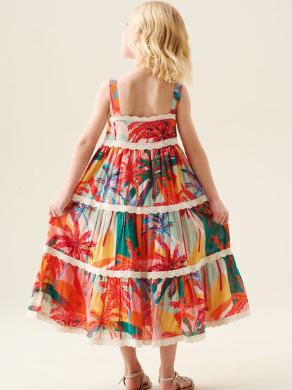 Angel & Rocket Pink Kinsley Palm Print Lace Trim Tiered Dress image 5
