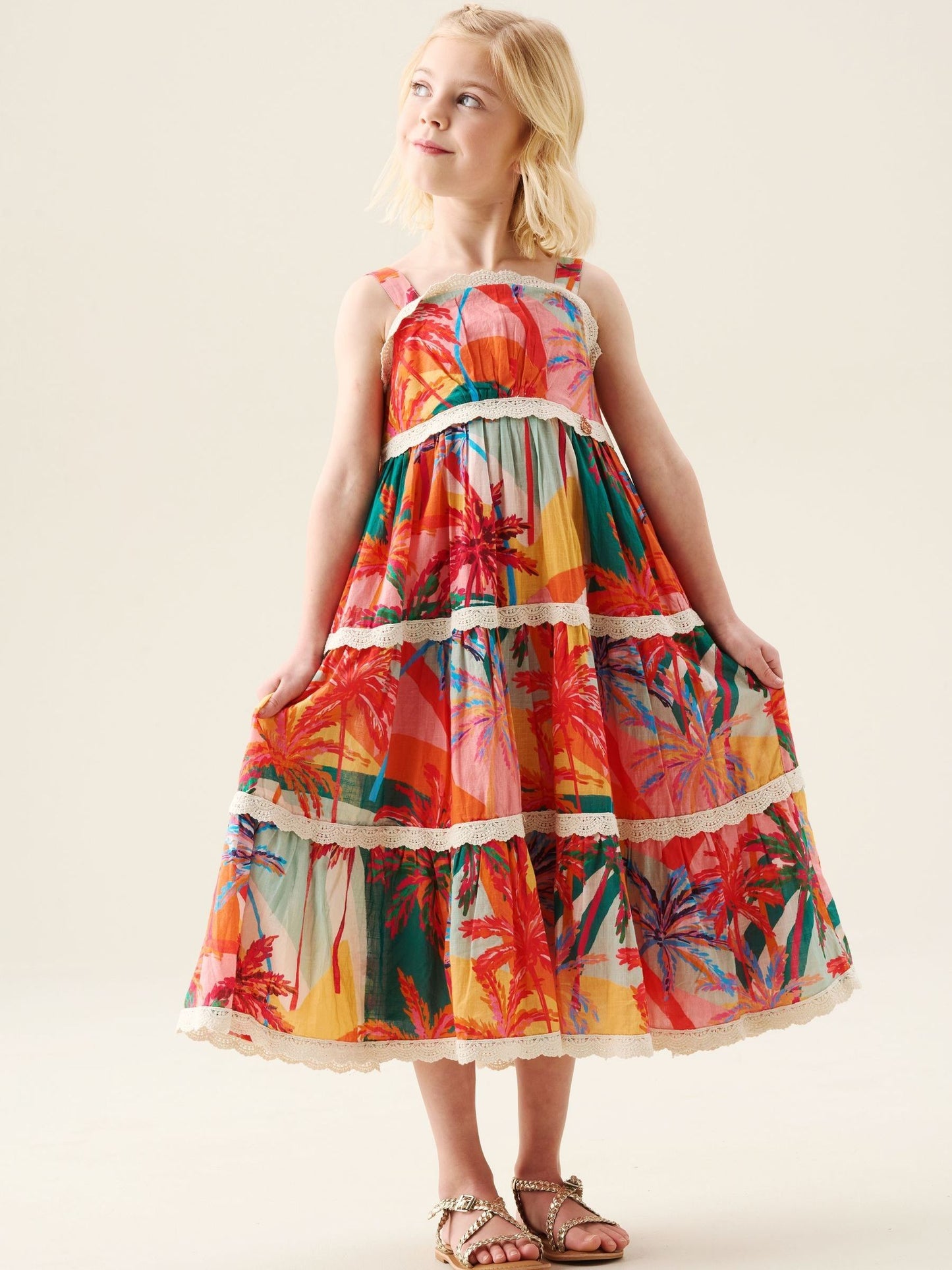 Angel & Rocket Pink Kinsley Palm Print Lace Trim Tiered Dress image 7