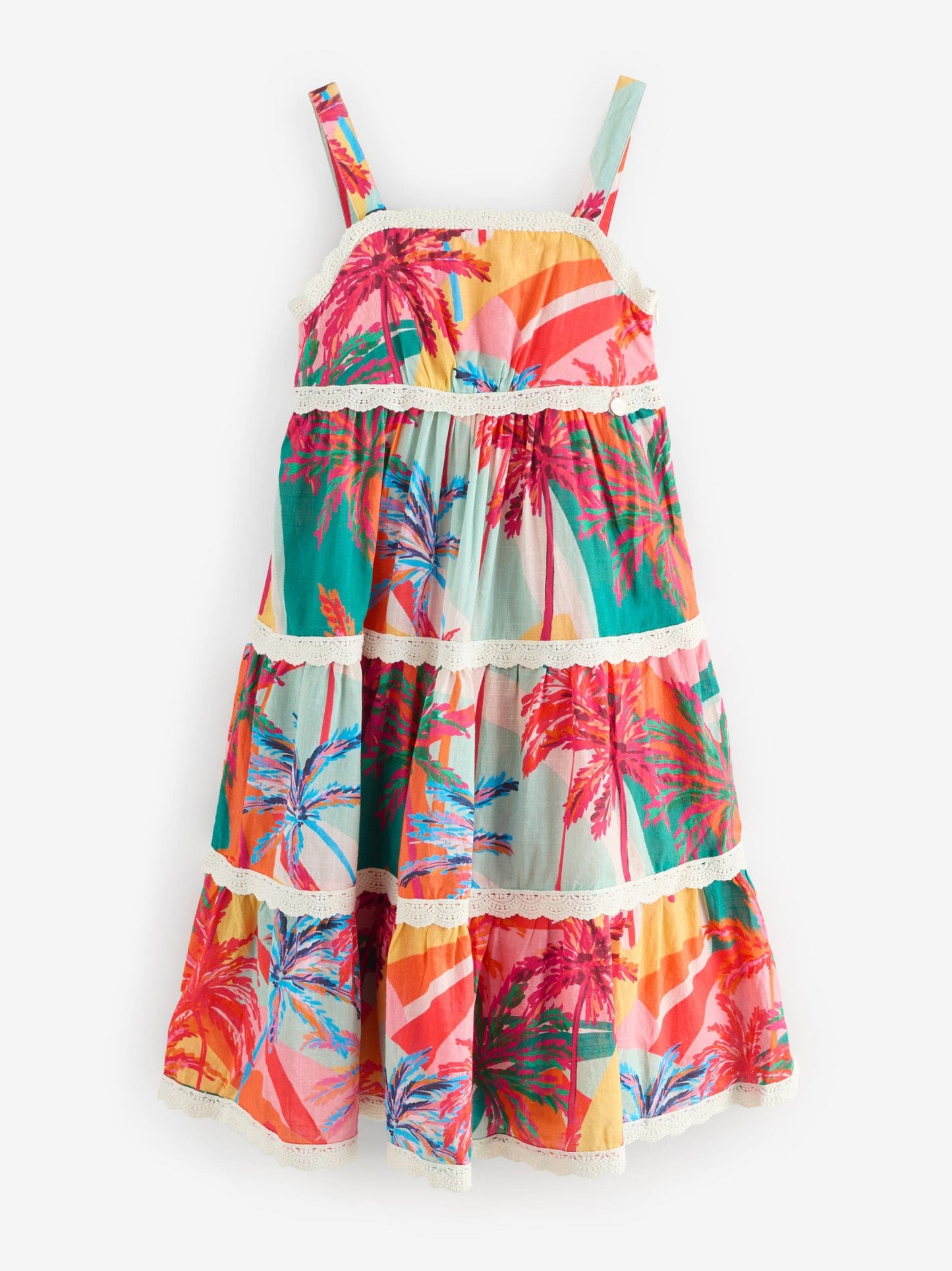 Angel & Rocket Pink Kinsley Palm Print Lace Trim Tiered Dress image 8