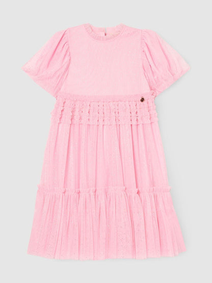 Angel & Rocket Pink Madison Puff Sleeve Ruffle Waist Mesh Dress image 1