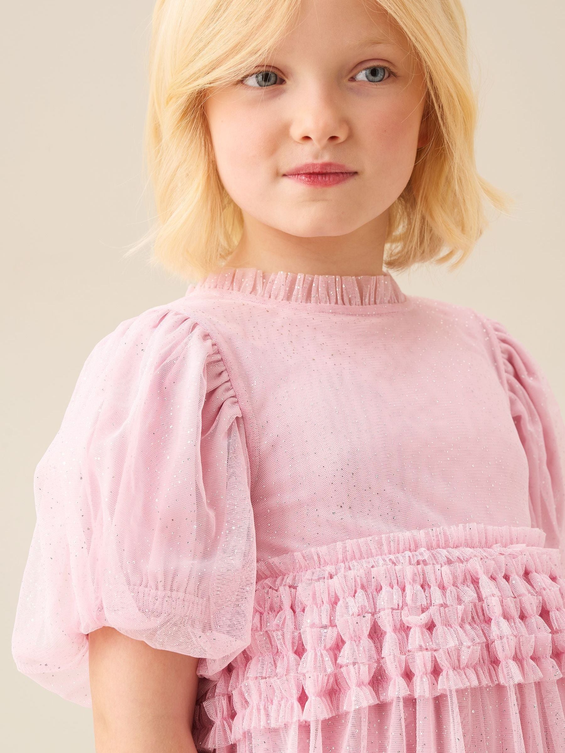 Angel & Rocket Pink Madison Puff Sleeve Ruffle Waist Mesh Dress image 3