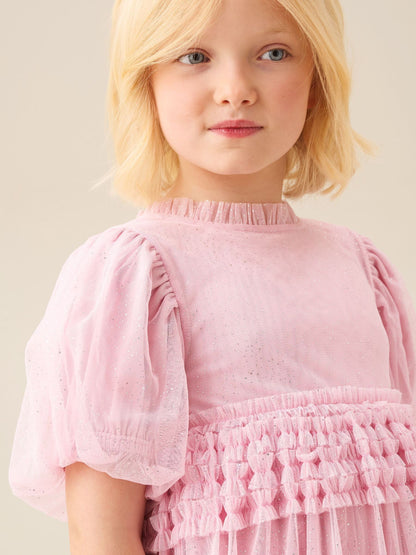 Angel & Rocket Pink Madison Puff Sleeve Ruffle Waist Mesh Dress image 3