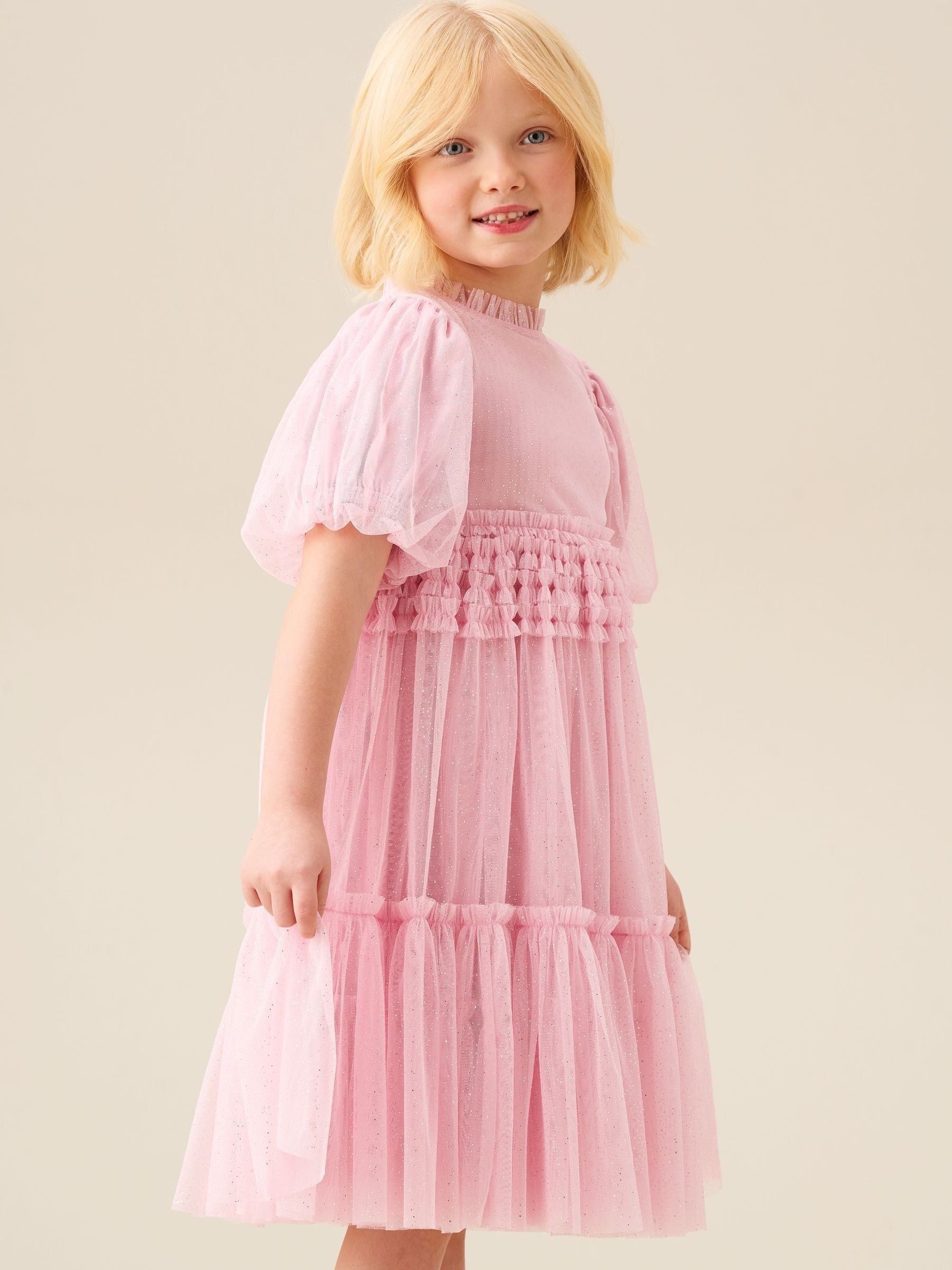 Angel & Rocket Pink Madison Puff Sleeve Ruffle Waist Mesh Dress image 4