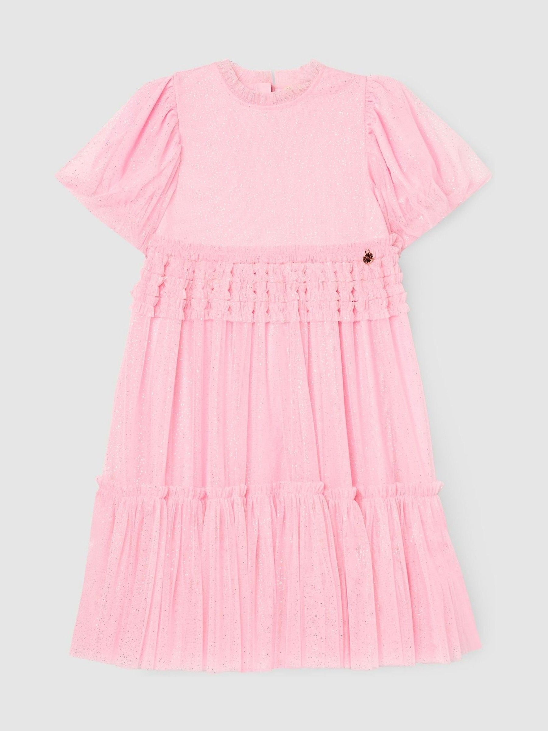 Angel & Rocket Pink Madison Puff Sleeve Ruffle Waist Mesh Dress image 5