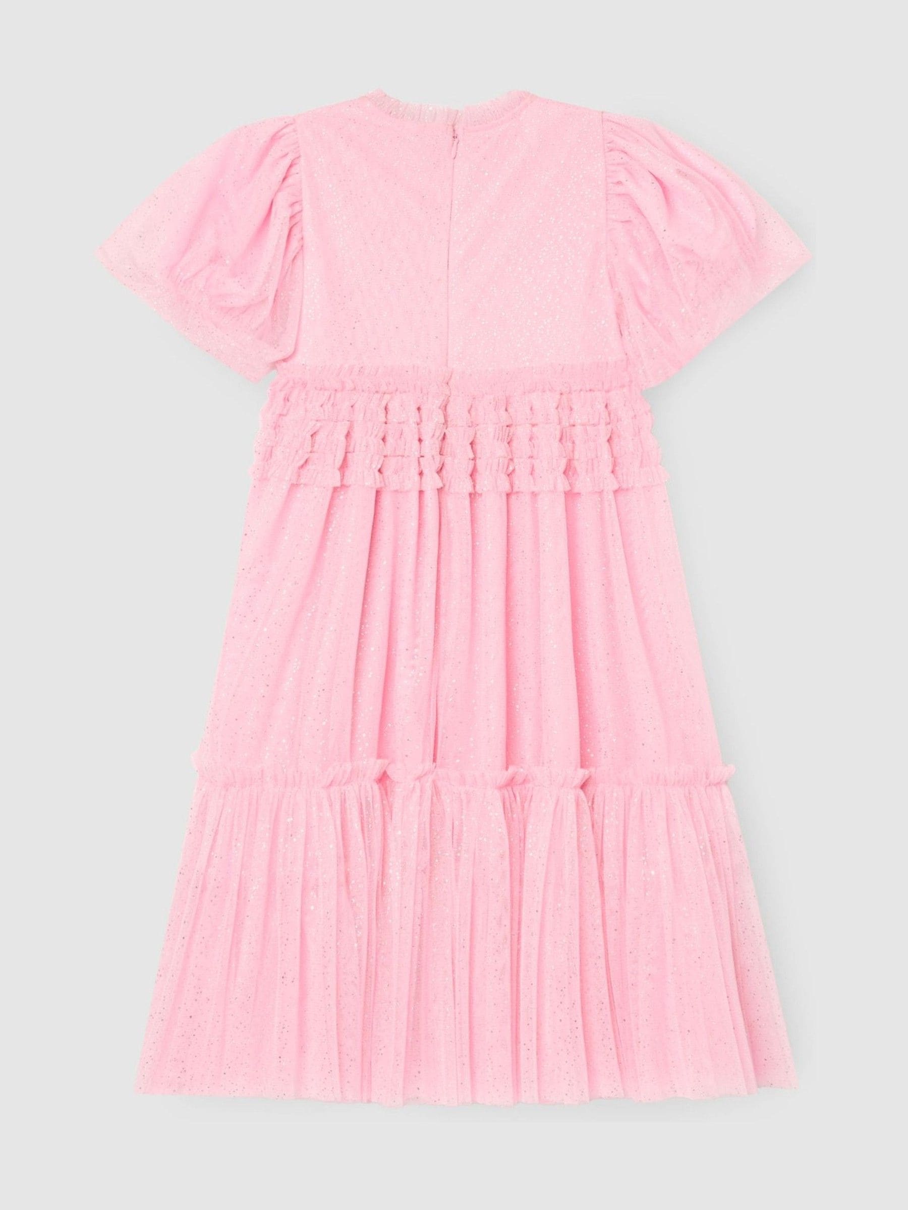 Angel & Rocket Pink Madison Puff Sleeve Ruffle Waist Mesh Dress image 6
