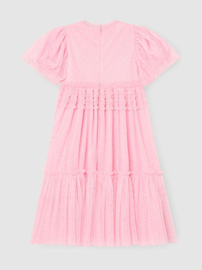 Angel & Rocket Pink Madison Puff Sleeve Ruffle Waist Mesh Dress image 6
