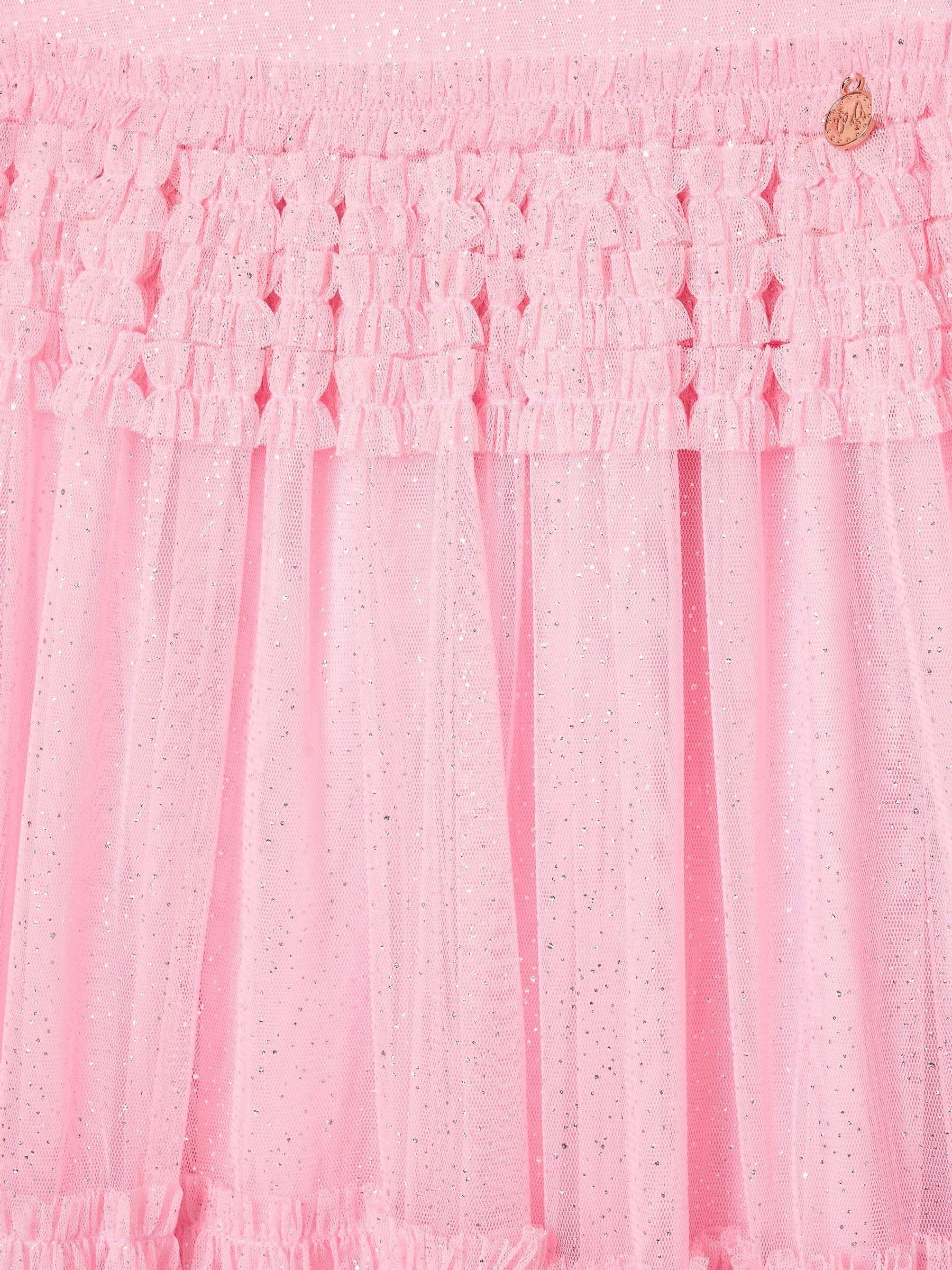 Angel & Rocket Pink Madison Puff Sleeve Ruffle Waist Mesh Dress image 7