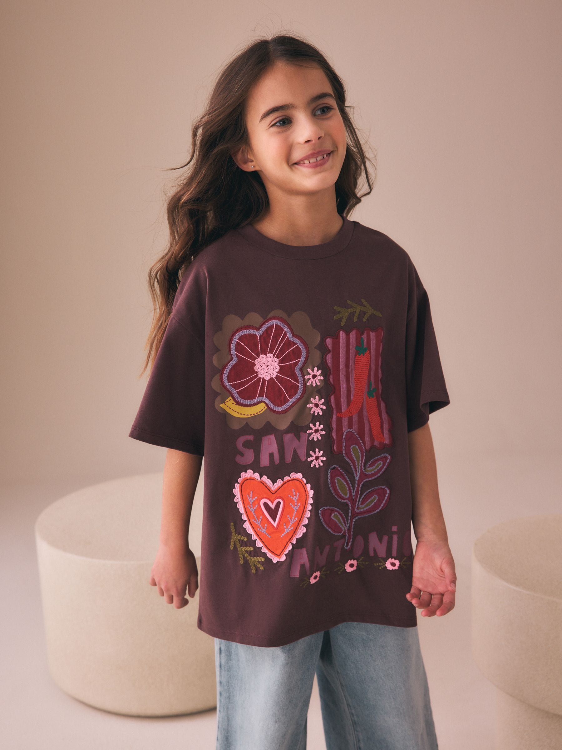 Dsiney Kidz - Chocolate Brown Embroidered Oversized T-Shirt (3-16yrs) image 1