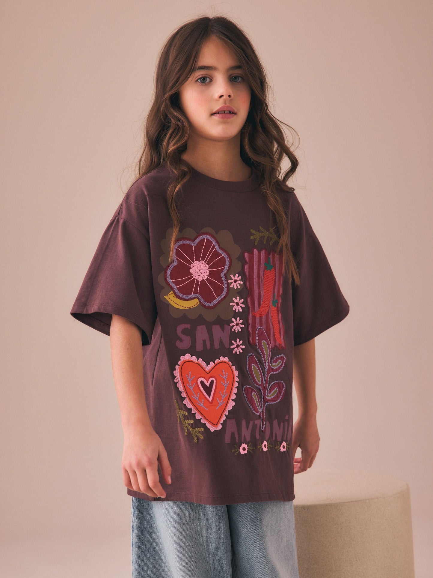 Dsiney Kidz - Chocolate Brown Embroidered Oversized T-Shirt (3-16yrs) image 2