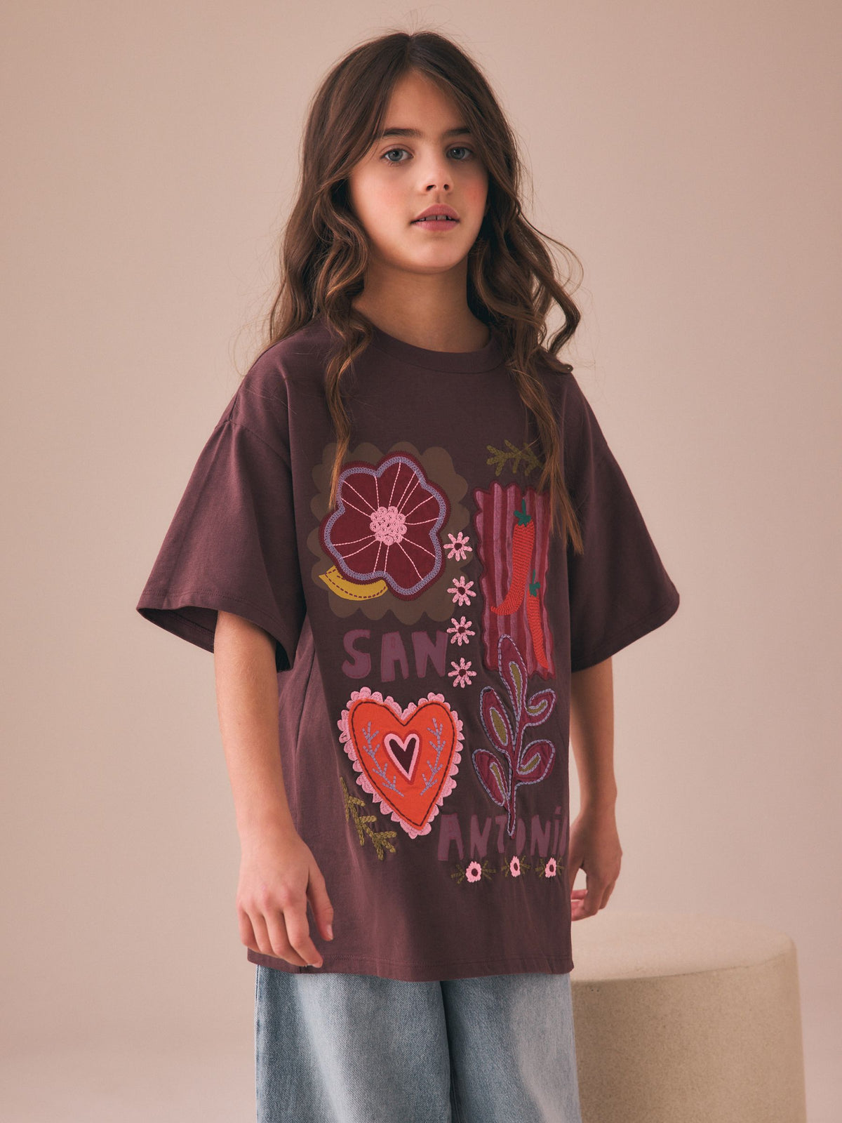 Dsiney Kidz - Chocolate Brown Embroidered Oversized T-Shirt (3-16yrs) image 2