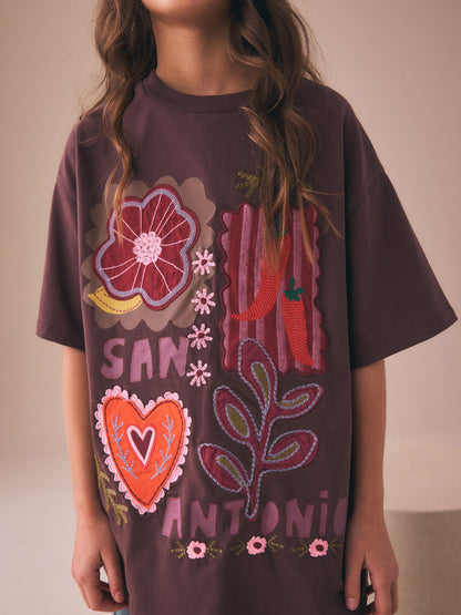 Dsiney Kidz - Chocolate Brown Embroidered Oversized T-Shirt (3-16yrs) image 4