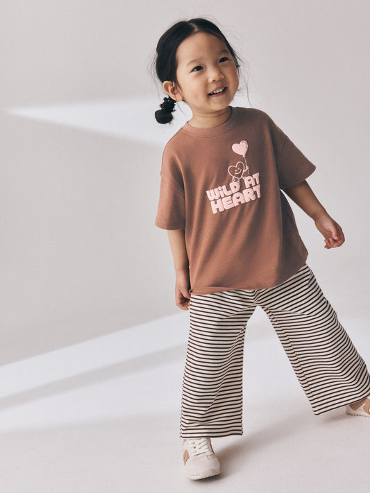 Dsiney Kidz - Brown Heart Stripe Short Sleeve T-Shirt and Wide Leg Trousers Set (3mths-7yrs) image 1