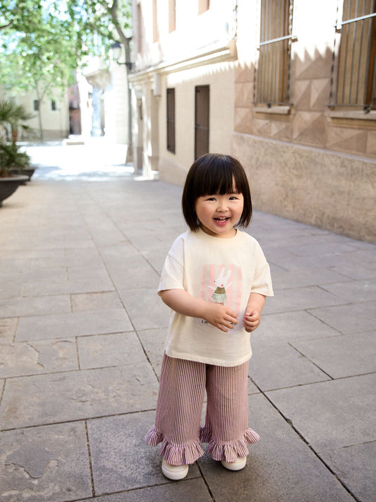 Dsiney Kidz - Ecru White Bunny Short Sleeve T-Shirt and Wide Frill Trousers Set (3mths-7yrs) image 1