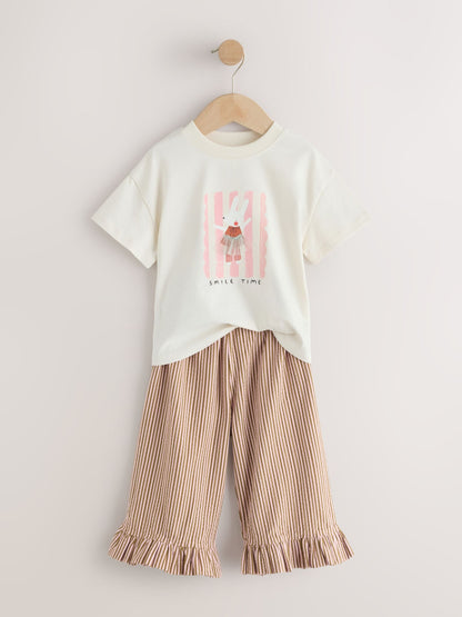 Dsiney Kidz - Ecru White Bunny Short Sleeve T-Shirt and Wide Frill Trousers Set (3mths-7yrs) image 6