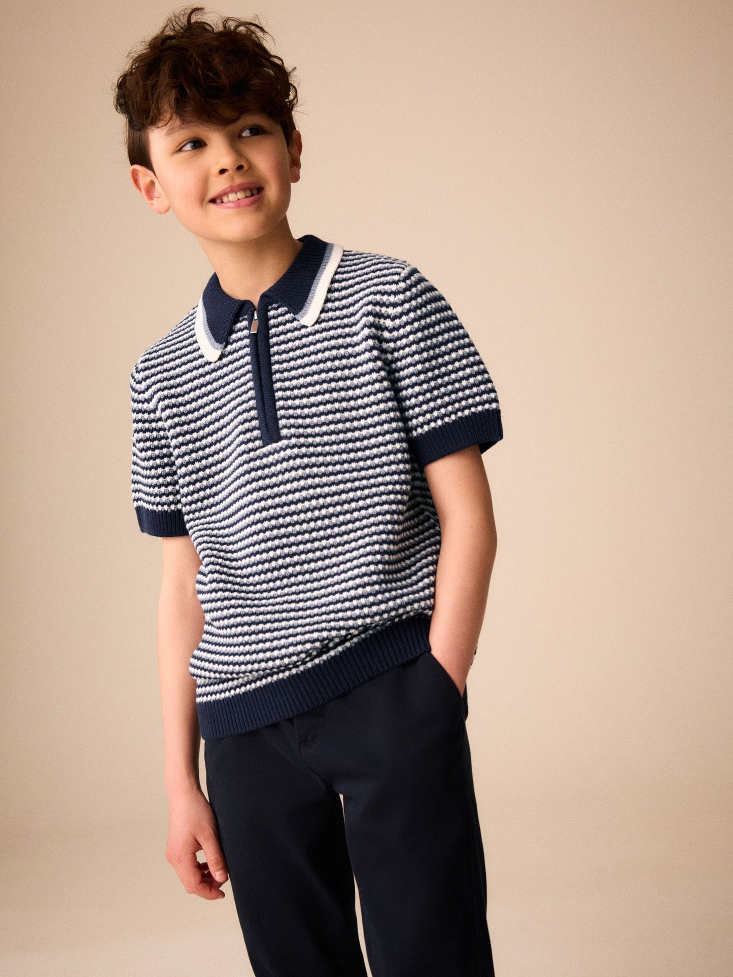 Dsiney Kidz - Navy/Blue Textured Knitted Polo Shirt (3-16yrs) image 1
