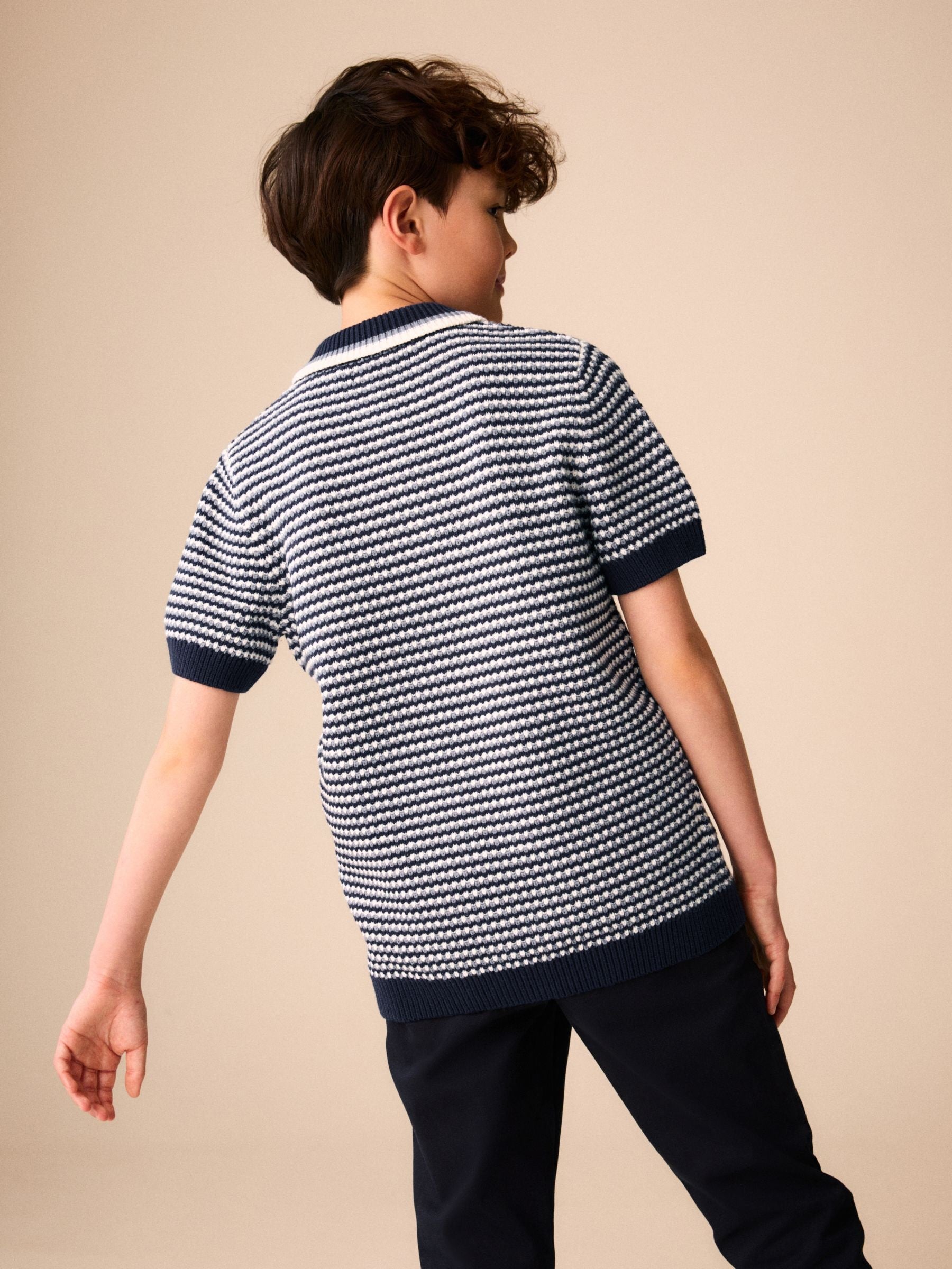 Dsiney Kidz - Navy/Blue Textured Knitted Polo Shirt (3-16yrs) image 3