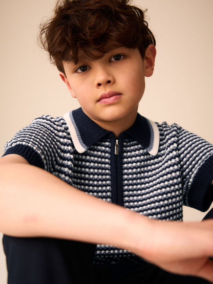 Dsiney Kidz - Navy/Blue Textured Knitted Polo Shirt (3-16yrs) image 4