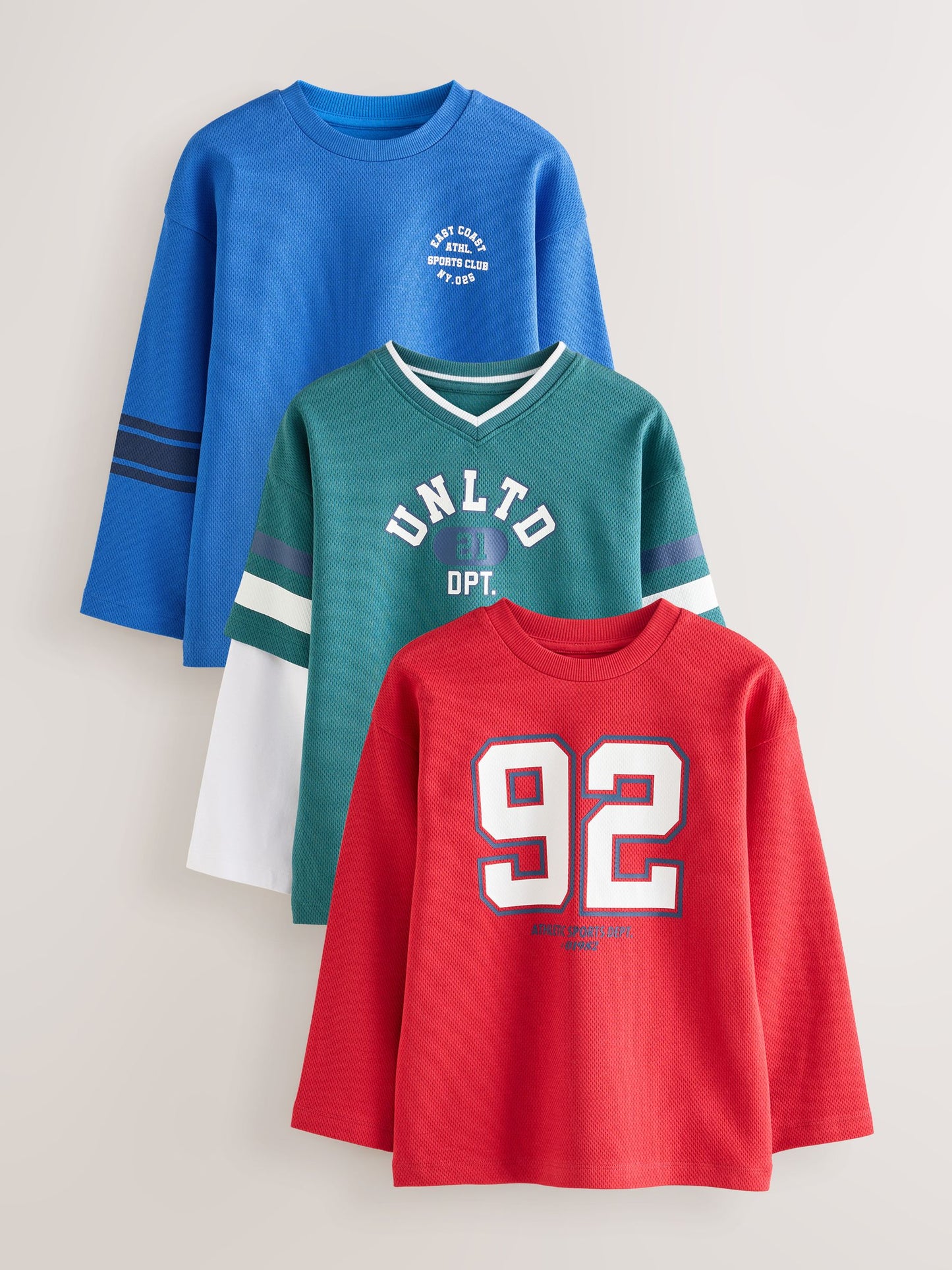 Dsiney Kidz - Blue/Red/Green Varsity Graphic Long Sleeve Relaxed Fit T-Shirts 3 Pack (3-16yrs) image 1