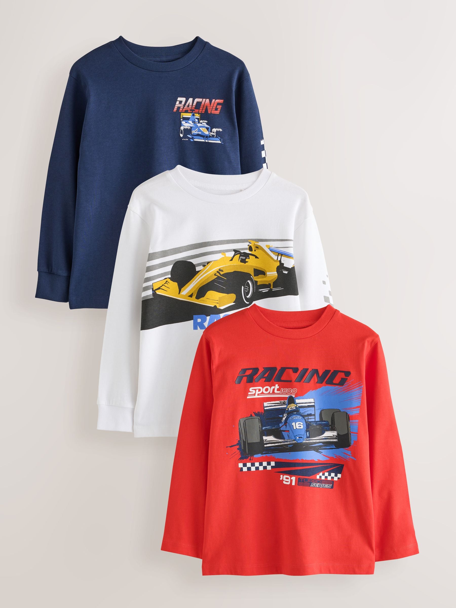 Dsiney Kidz - Red/White/Navy Racing Graphic Long Sleeve Relaxed Fit T-Shirts 3 Pack (3-16yrs) image 1