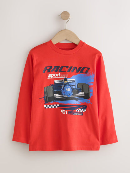 Dsiney Kidz - Red/White/Navy Racing Graphic Long Sleeve Relaxed Fit T-Shirts 3 Pack (3-16yrs) image 4