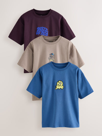 Dsiney Kidz - Blue/Neutral/Plum Relaxed Fit Graphic Print Short Sleeve T-Shirts 3 Pack (3-16yrs) image 1