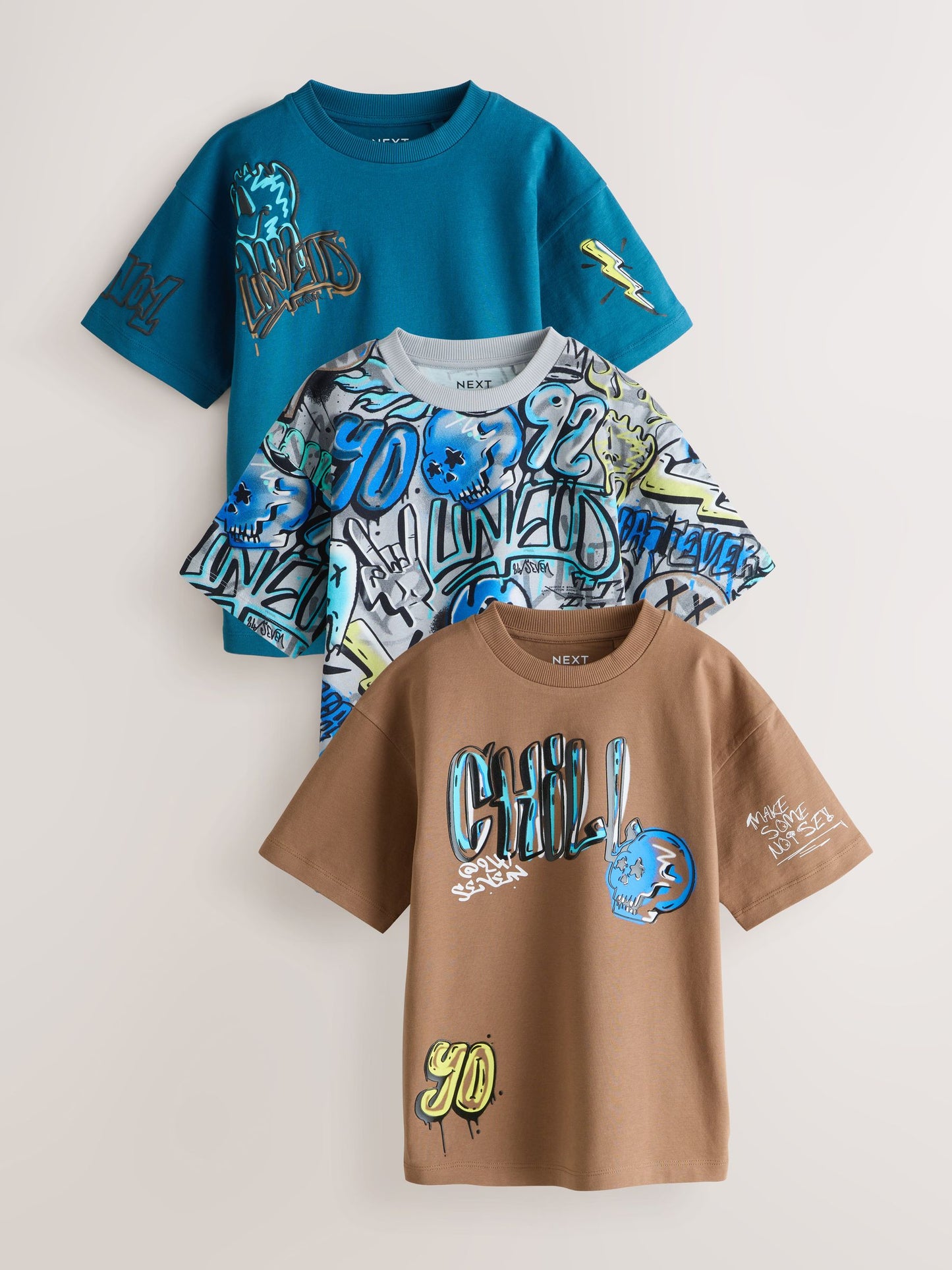 Dsiney Kidz - Blue/Grey/Tan Relaxed Fit Graphic Print Short Sleeve T-Shirts 3 Pack (3-16yrs) image 1