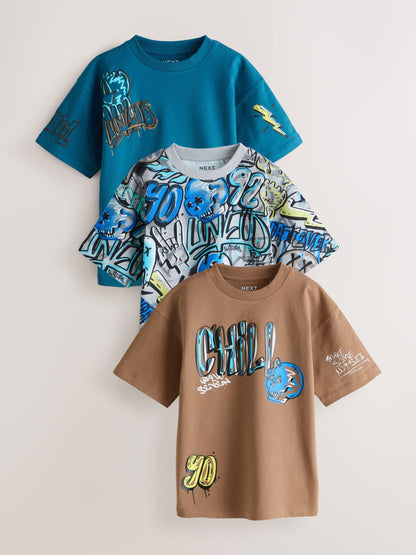 Dsiney Kidz - Blue/Grey/Tan Relaxed Fit Graphic Print Short Sleeve T-Shirts 3 Pack (3-16yrs) image 1